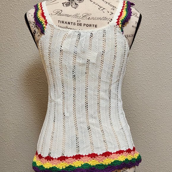 AQUA Open Stitch Crochet Rainbow Trim Tank Top - Small - NWT - Picture 6 of 8